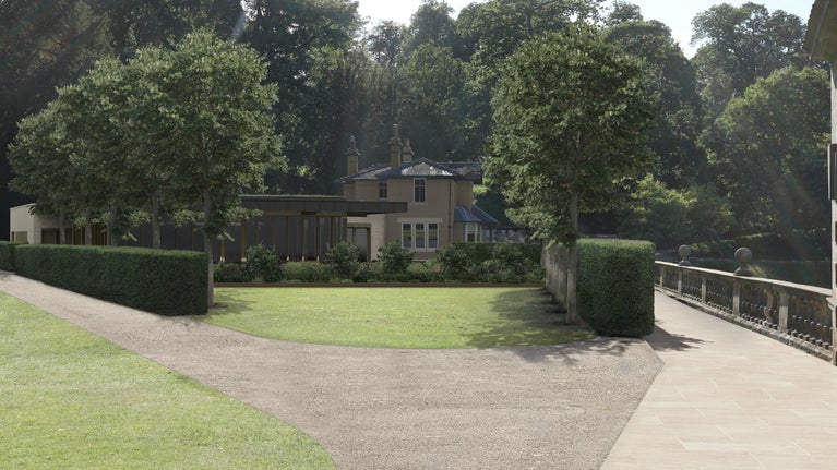 An illustrated view across the grass towards Studley Royal tearoom